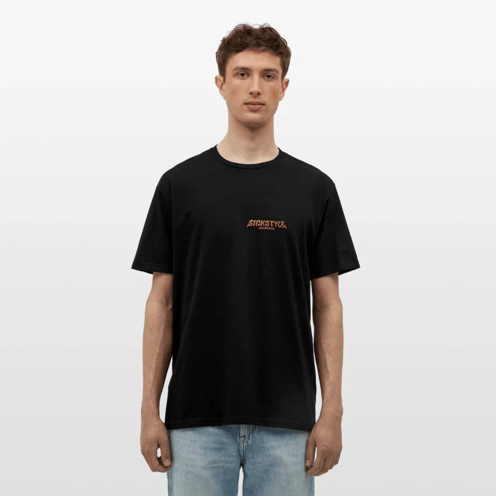 Herren T-Shirt „T-Rex MX“ in Schwarz aus 100% Baumwolle mit orangefarbenem „SICKSTYLE“ Logo.