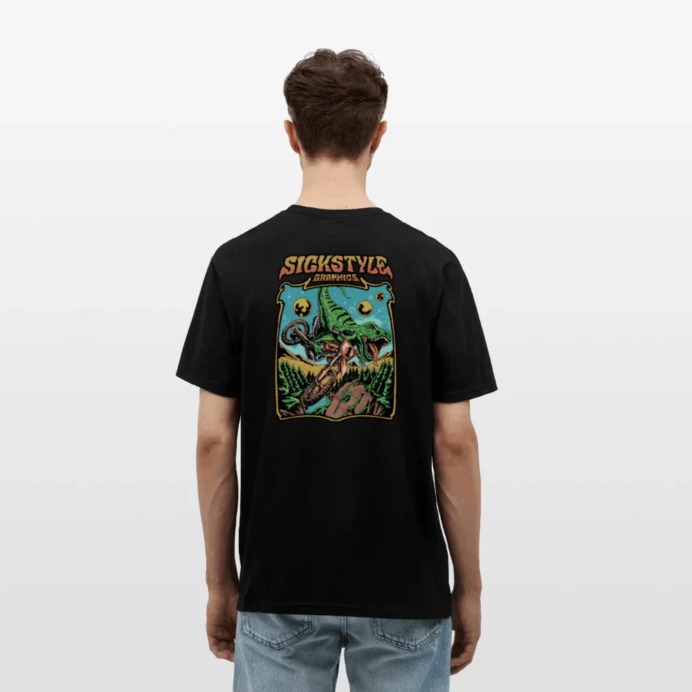 Schwarzes Herren T-Shirt mit farbigem “T-Rex MX” Grafikdruck auf dem Rücken.