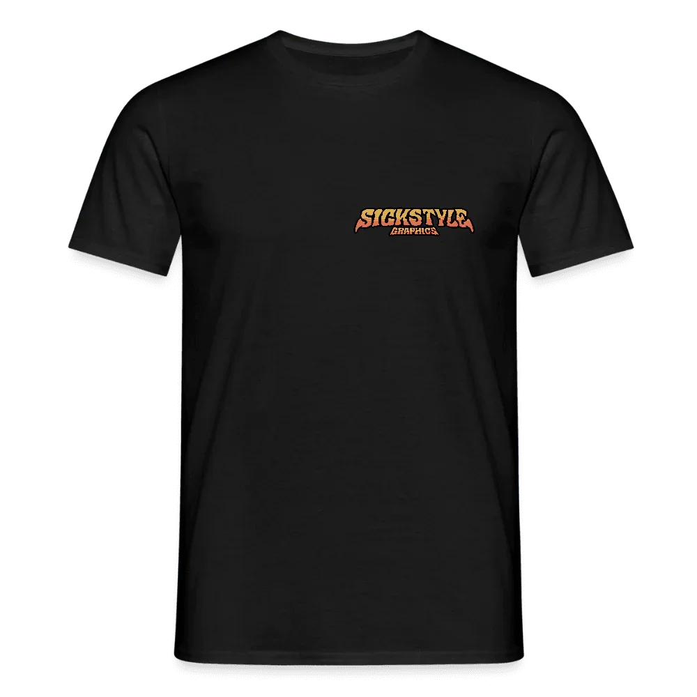 Schwarzes Herren T-Shirt mit orange-rotem “SICKSTYLE GRAPHICS” Logo auf der Brust.