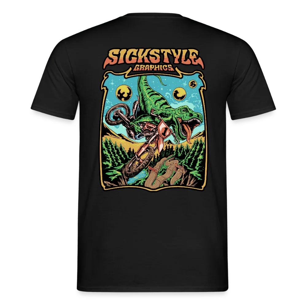 Schwarzes Herren T-Shirt mit farbigem “T-Rex MX” Grafikdruck: Dinosaurier auf Motocross-Bike.