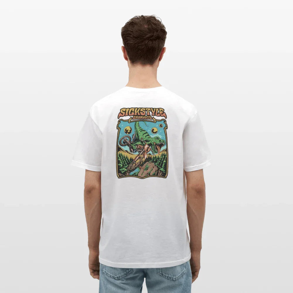 Weißes Herren T-Shirt mit farbigem “T-Rex MX” Grafikdruck auf dem Rücken.