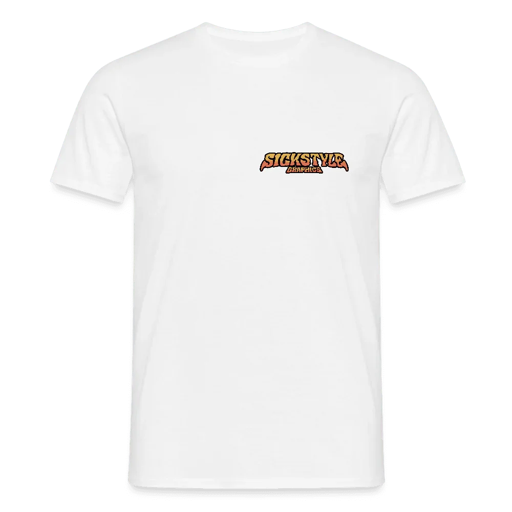 Weißes Herren T-Shirt mit kleinem, orange-schwarzem “SICKSTYLE GRAPHICS” Logo auf der Brust.