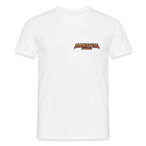 T-shirt blanc pour homme avec petit logo “SICKSTYLE GRAPHICS” orange et noir sur la poitrine.