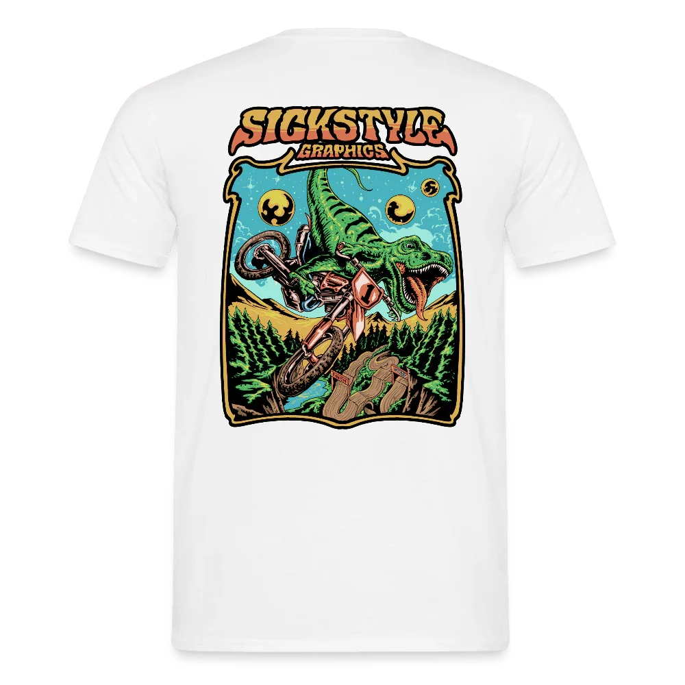 Weißes Herren T-Shirt mit „T-Rex MX“ Grafik: Grüner T-Rex auf Motocross-Bike springt über Waldlandschaft.