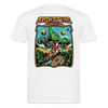 Vitt herr-t-shirt med “T-Rex MX”-grafik: Grön T-Rex på motocross-cykel hoppar över skoglandskap.