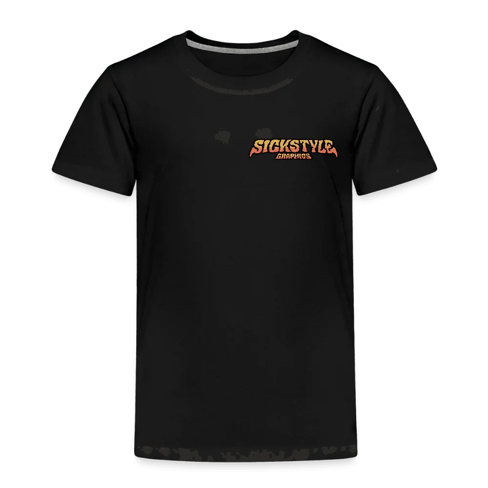 Czarny dziecięcy T-shirt z pomarańczowo-żółtym logo “Sickstyle Graphics” na piersi.