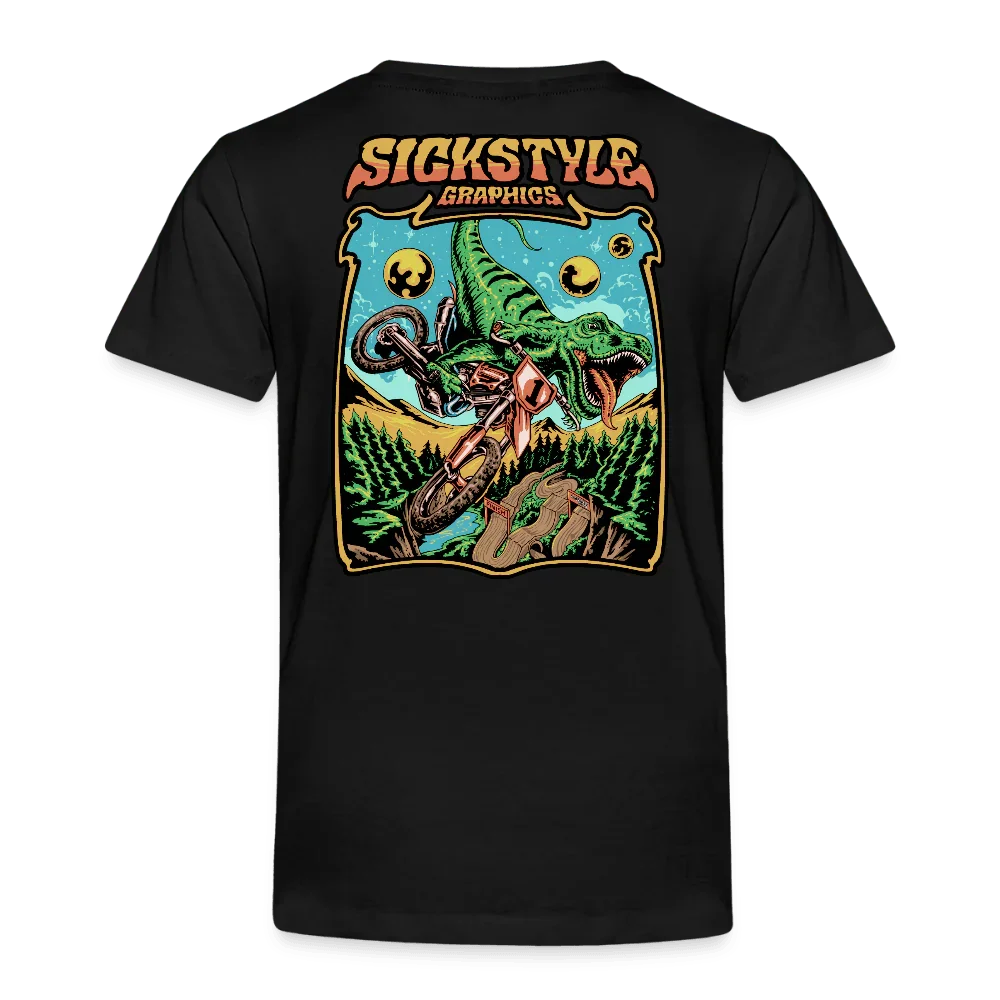 Czarny dziecięcy T-shirt z kolorowym T-Rexem na motocrossowym motocyklu, otoczonym drzewami i napisem “Sickstyle Graphics”.