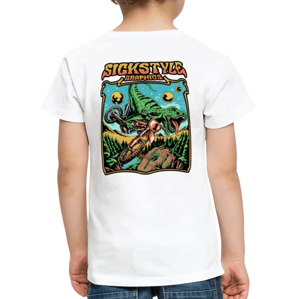 Biały dziecięcy T-shirt z kolorowym grafiką “T-Rex MX” dinozaura motocrossowego na plecach.