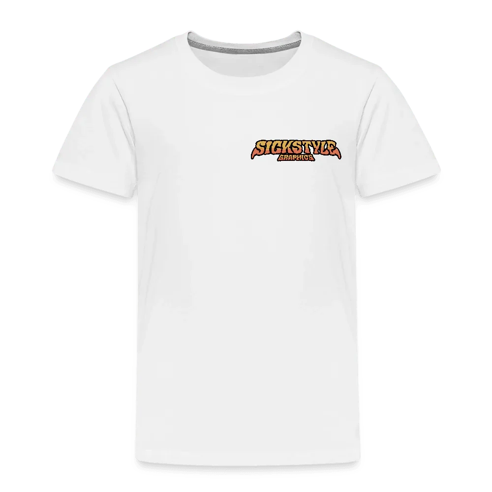 Biały dziecięcy T-shirt ze 100% bawełny z małym pomarańczowo-żółtym logo “Sickstyle Graphics” na piersi.