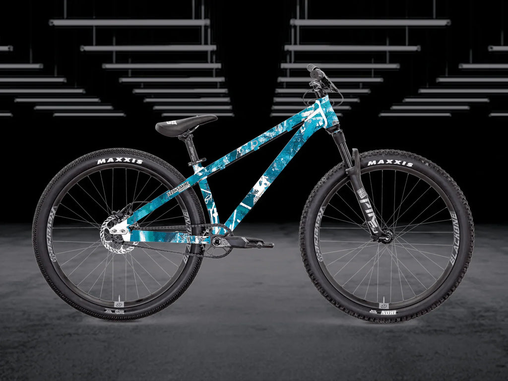 Bicicleta de saltos Bruce 2 Frameguard con diseño salpicado Ridegang azul y blanco.