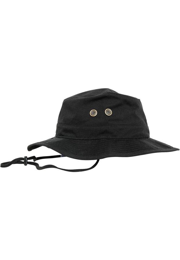 Chapeau de pêcheur noir en coton avec large bord, œillets de ventilation et cordon ajustable.