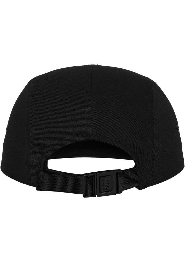 Rückansicht einer schwarzen Unisex Jockey Cap aus Baumwolle mit verstellbarem Nylonband und Clip-Verschluss.