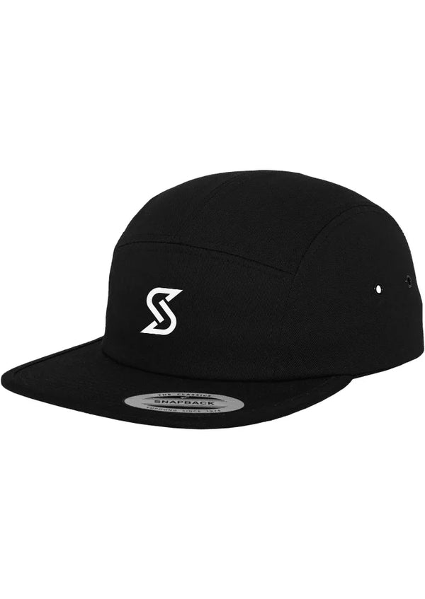 Casquette Jockey unisexe noire en coton avec logo “S” blanc, forme 5 panneaux et visière plate.