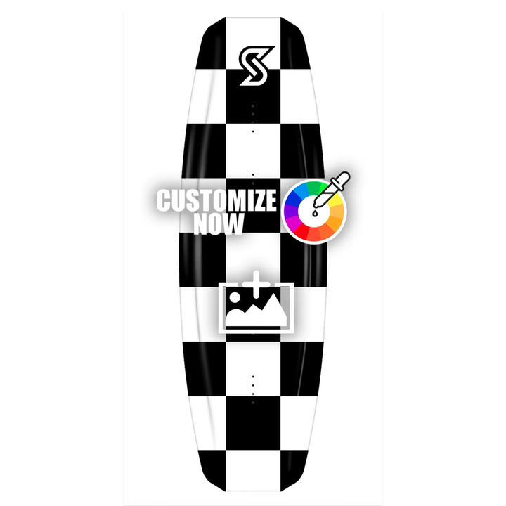 Anpassbare Wakeboard-Folie mit klassischem schwarz-weißem Schachbrettmuster und Logo-Upload-Option.