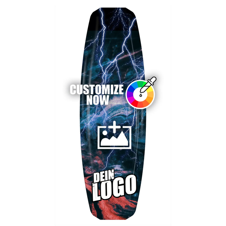 Anpassbare Wakeboard-Folie “Lightning Blue” mit blauen Blitzen, rotem Hintergrund und Optionen für eigenes Logo.