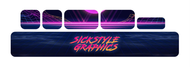 Fem små og en stor sticker med 80'er-retrowave-design, neonfarvet gitter og solnedgang.
