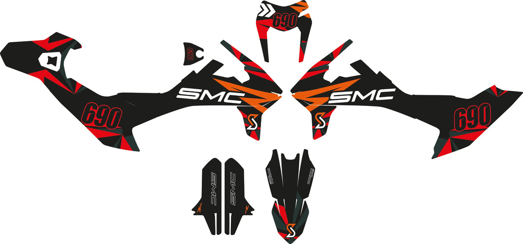 Zwart, rood en oranje 690 SMC motorfiets Dekor-set met aangepaste designelementen.