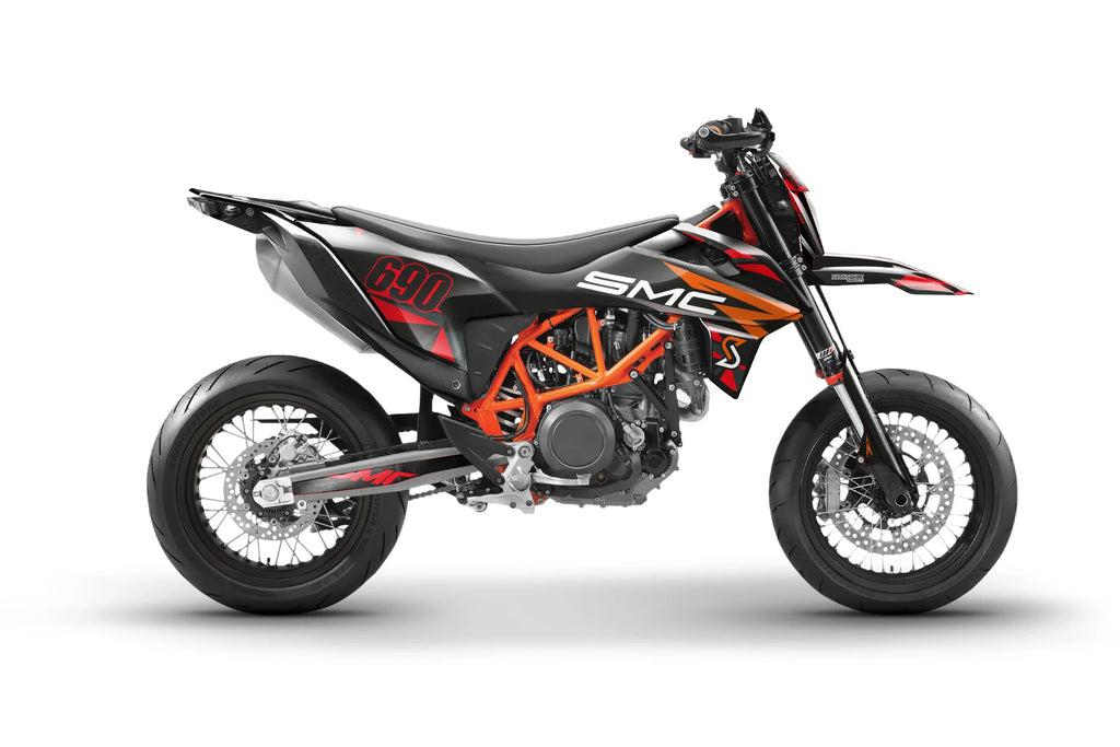 Zwart KTM 690 SMC Supermoto motorfiets met rood, oranje en zwart Dekor.