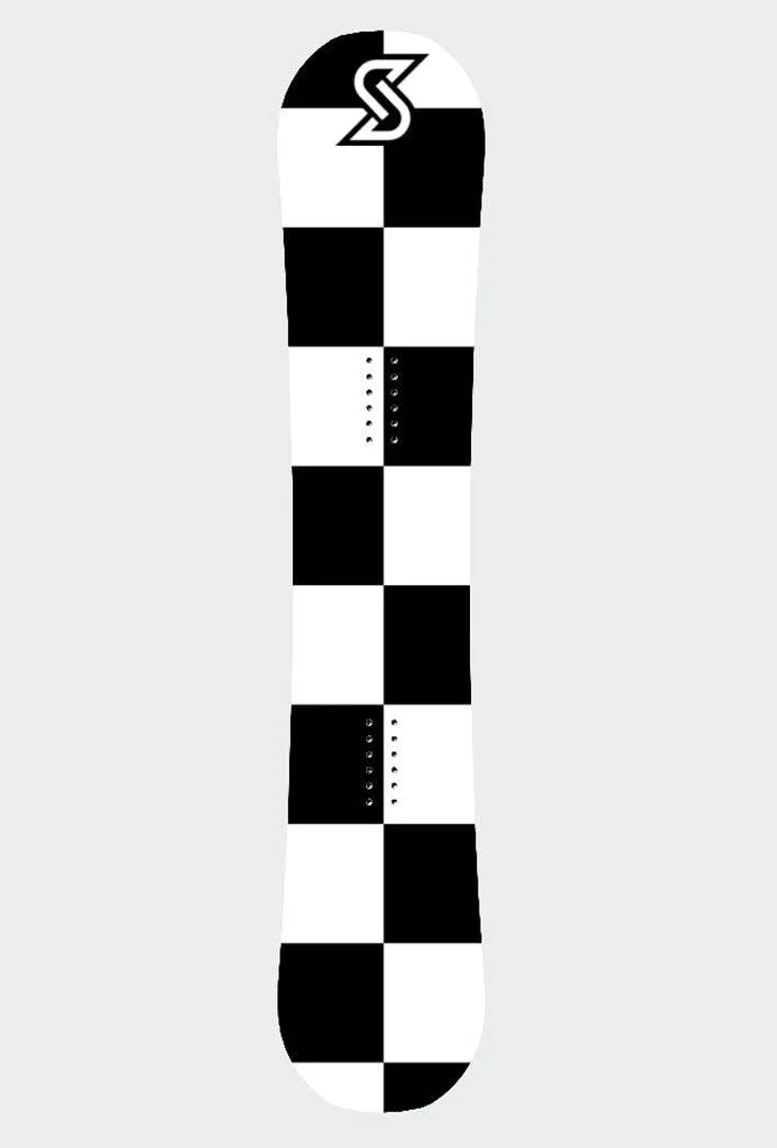 Checkerboard Snowboard Sticker mit schwarzem und weißem Schachbrettmuster und individuellem Logo.