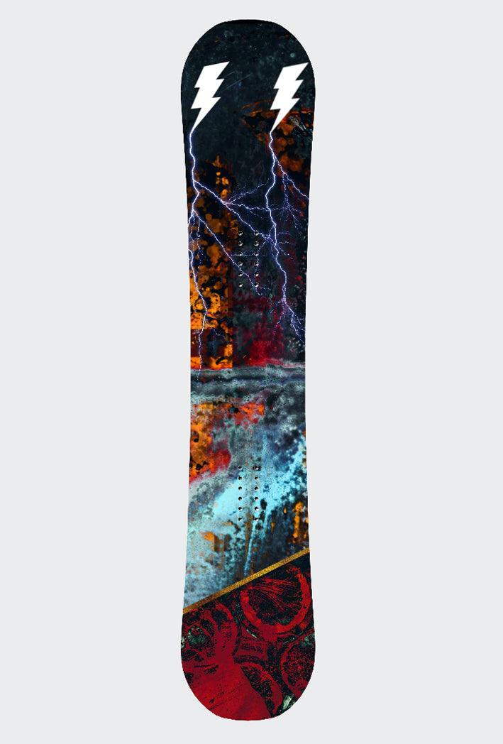 Snowboard-Sticker mit dynamischem Lightning Splash-Design in Schwarz, Orange, Rot und Blau.