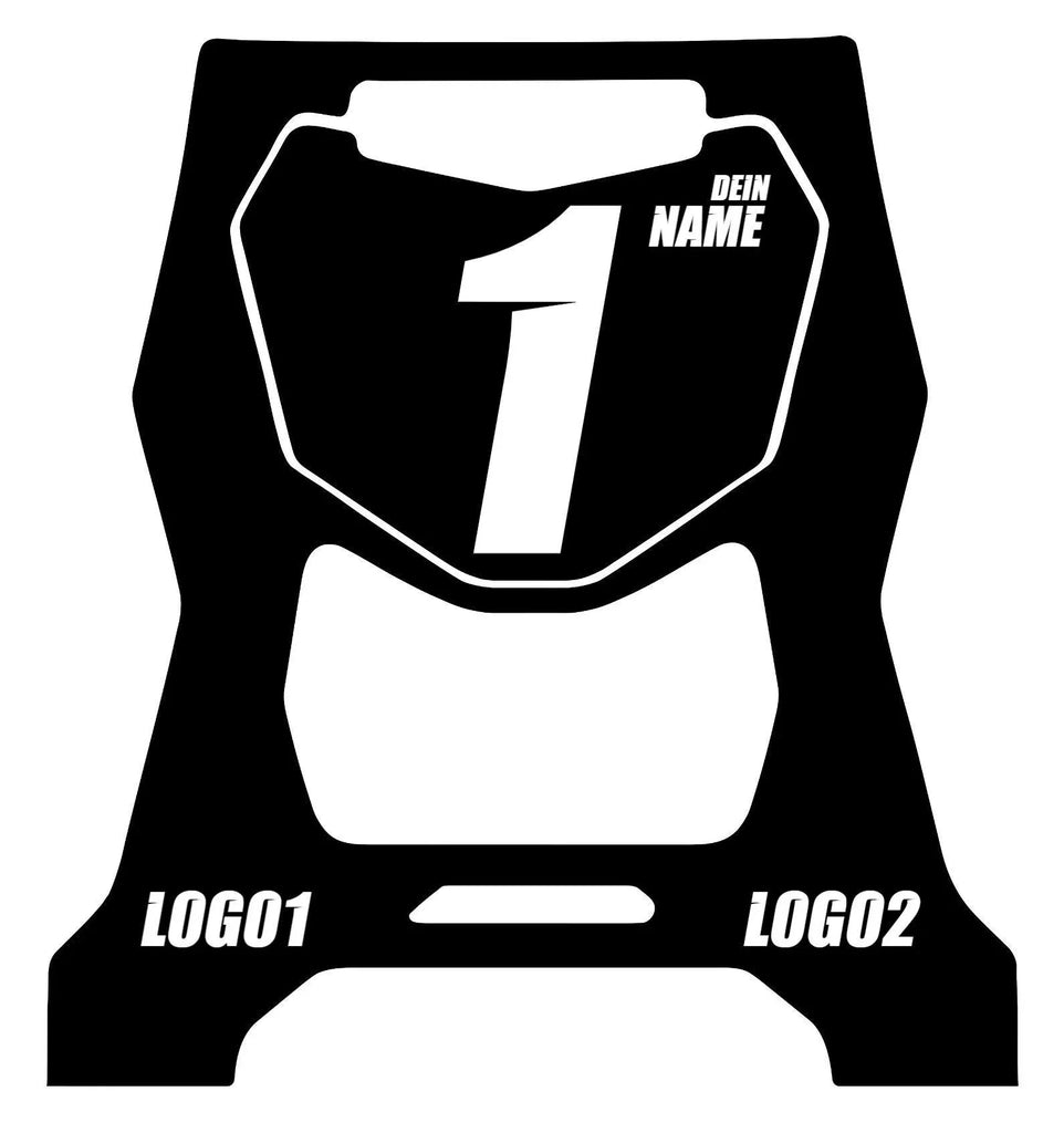 Schwarz-weißes Dekor passend für Acerbis-Motorradständer mit Nummer 1 sowie Namens- und Logoplatzhaltern.