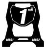 Black-and-white graphics for Acerbis motorcycle stands, with number 1 and name and logo placeholders.
