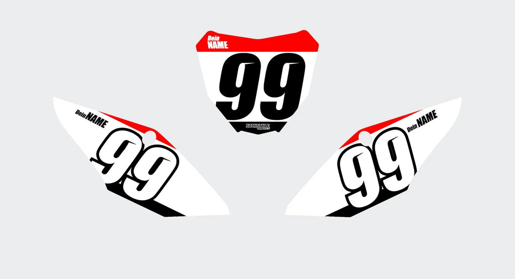 Rote und weiße Honda CR/CRF Numberplates mit schwarzer “99” und “Dein NAME” Schrift.
