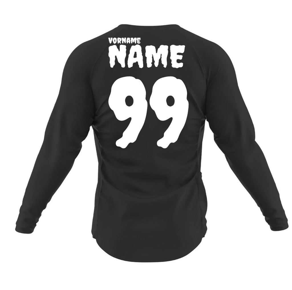Svart långärmad jersey med vit “FÖRNAMN NAMN 99” tryck på ryggen.