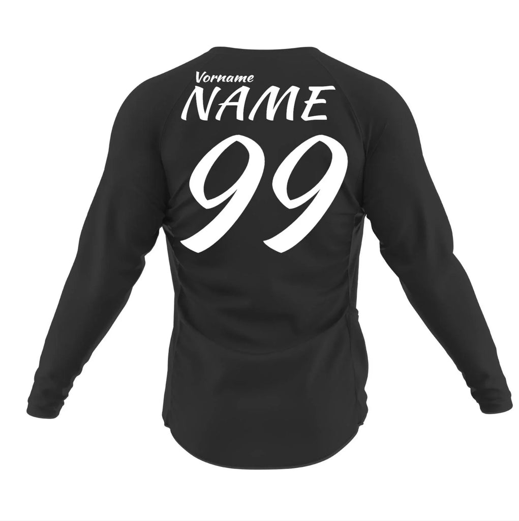 Jersey de manga larga negro con “Nombre NAME” blanco y número grande “99” en la espalda.