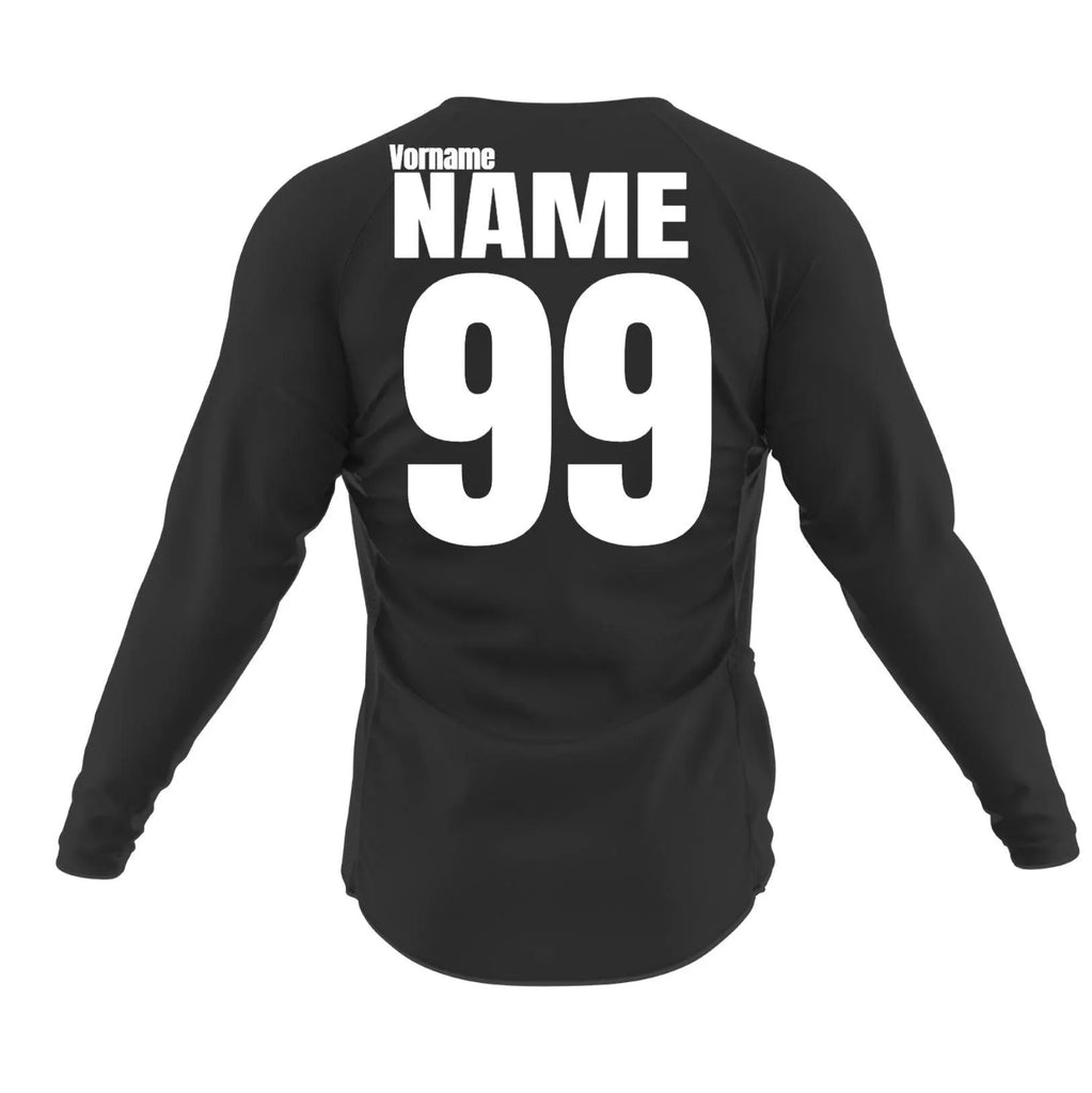 Jersey a maniche lunghe nero con stampa bianca “Nome NAME 99” sul retro, materiale Subli-Stop bianco opaco.