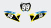 Juego de placas de número Suzuki RMZ Factory en negro, amarillo y azul con el número 99.