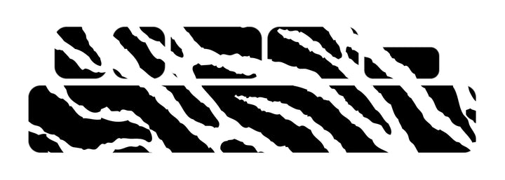 Custom swingarm mærkat med sort zebra mønster på hvid baggrund, rektangulære, afrundede hjørner.