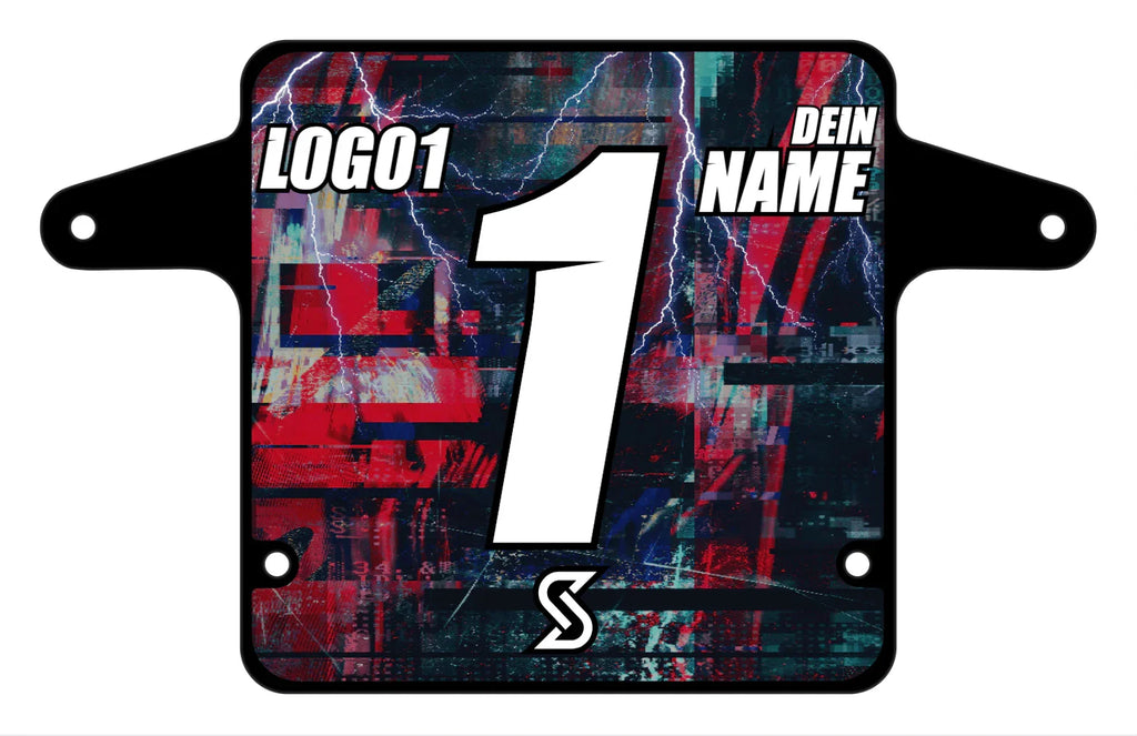 Marsh Guard Number Plate Sticker med forvrænget rød-sort design, hvid “1”, “LOGO1”og“YOUR NAME”.