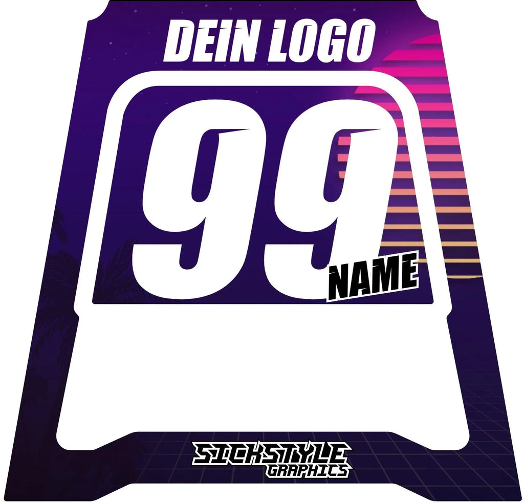 Okleiny 80´s Sun pasujące do stojaków Polisport MX, z numerem 99 oraz miejscem na imię i logo.