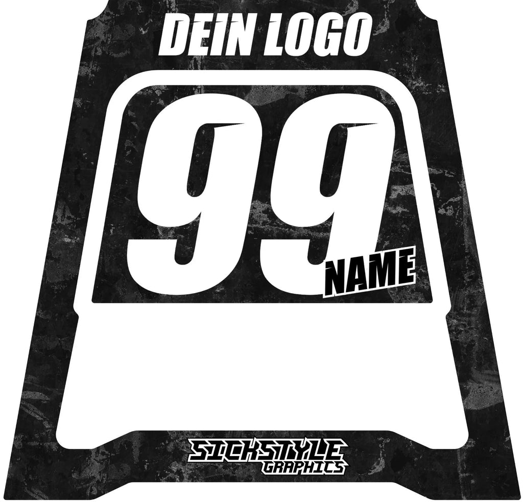 Ash graphics for Polisport MX stands, with number 99 and name and logo placeholders.