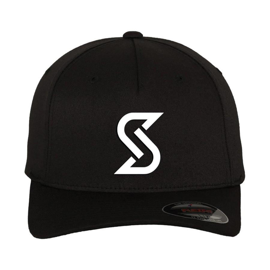 Black flexfit cap made of polyester with white “S” logo and reinforced front.