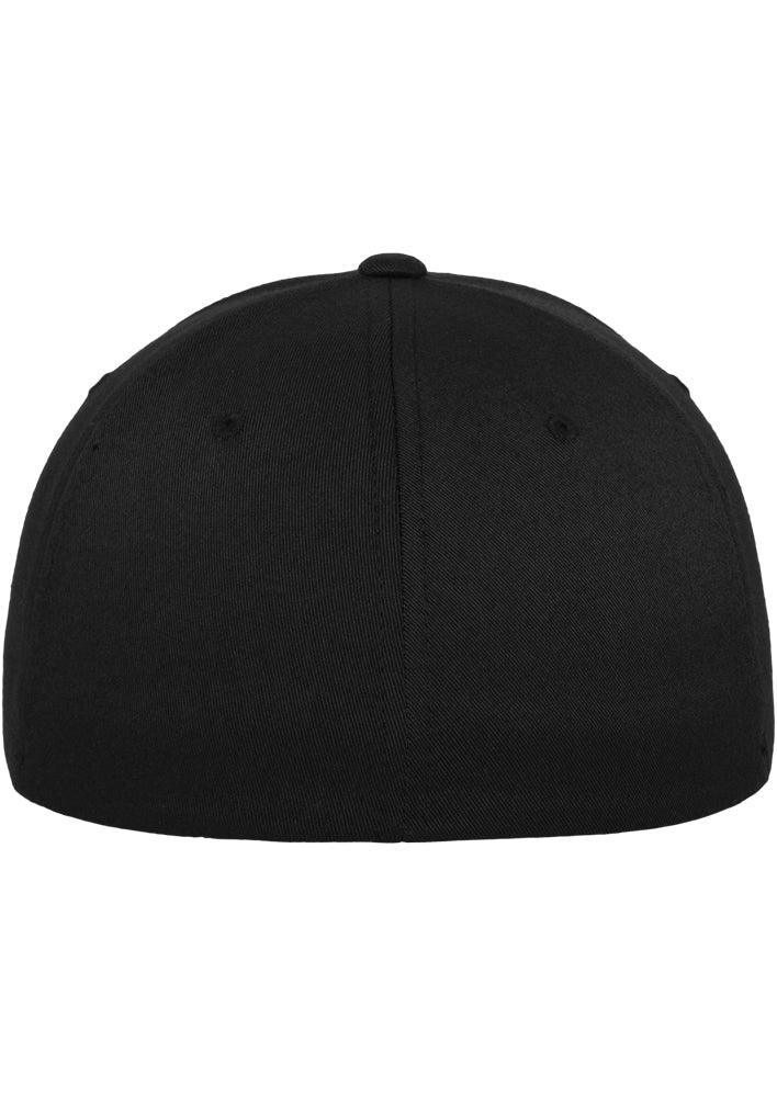 Black solid-color unisex flexfit cap made of polyester-elastane with reinforced front.