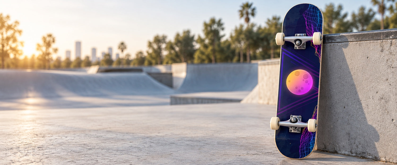Designvisualisierung: Skateboard mit violett-orangefarbener Retro-Folie auf der Unterseite im Skatepark