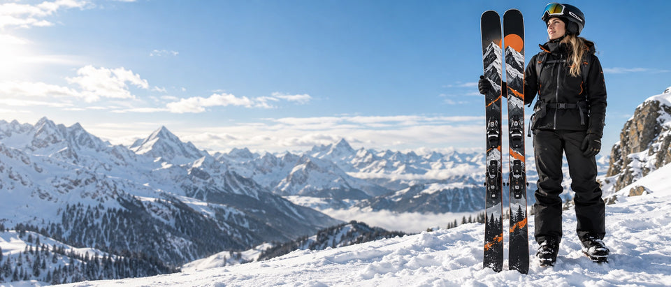 Individuell gestaltete Ski mit Bergmotiv im Schnee