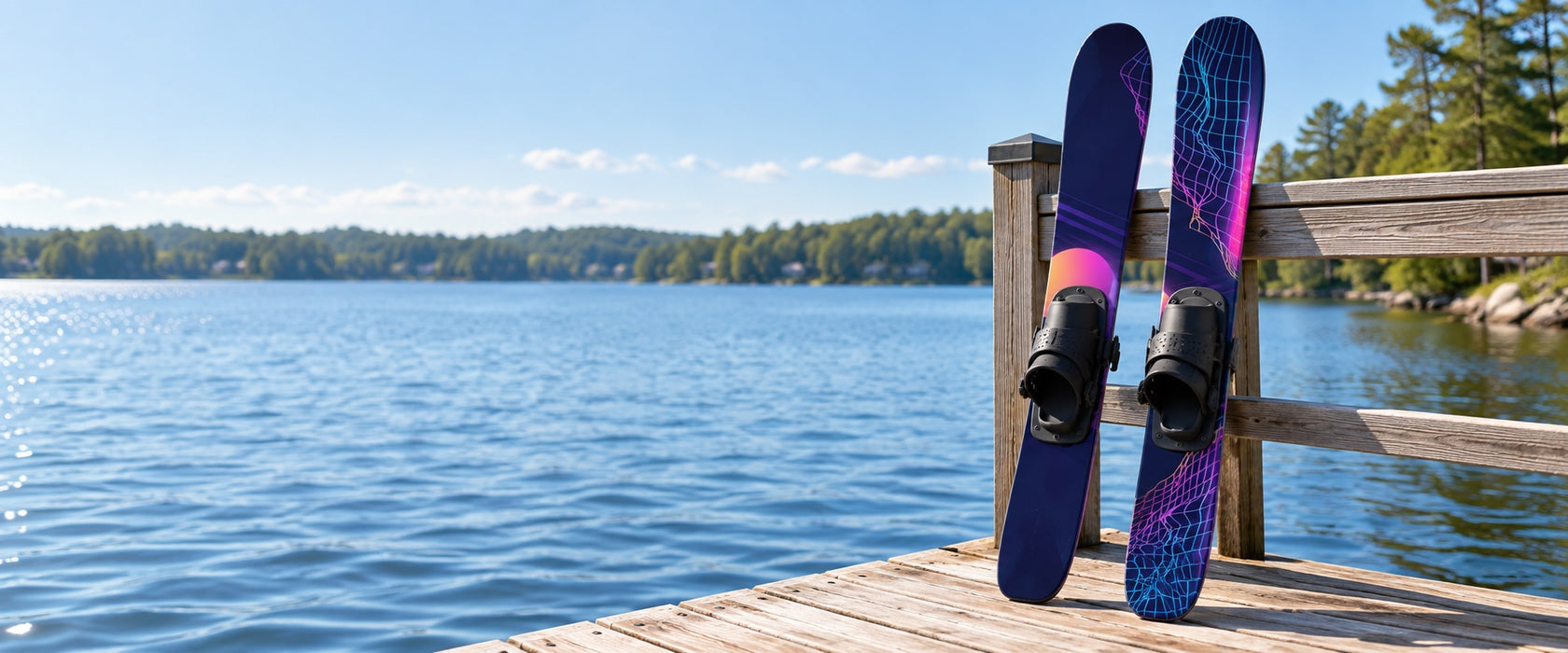 Designvisualisierung: Zwei Wasserski mit violett-blauer Retro-Folierung auf einem Steg