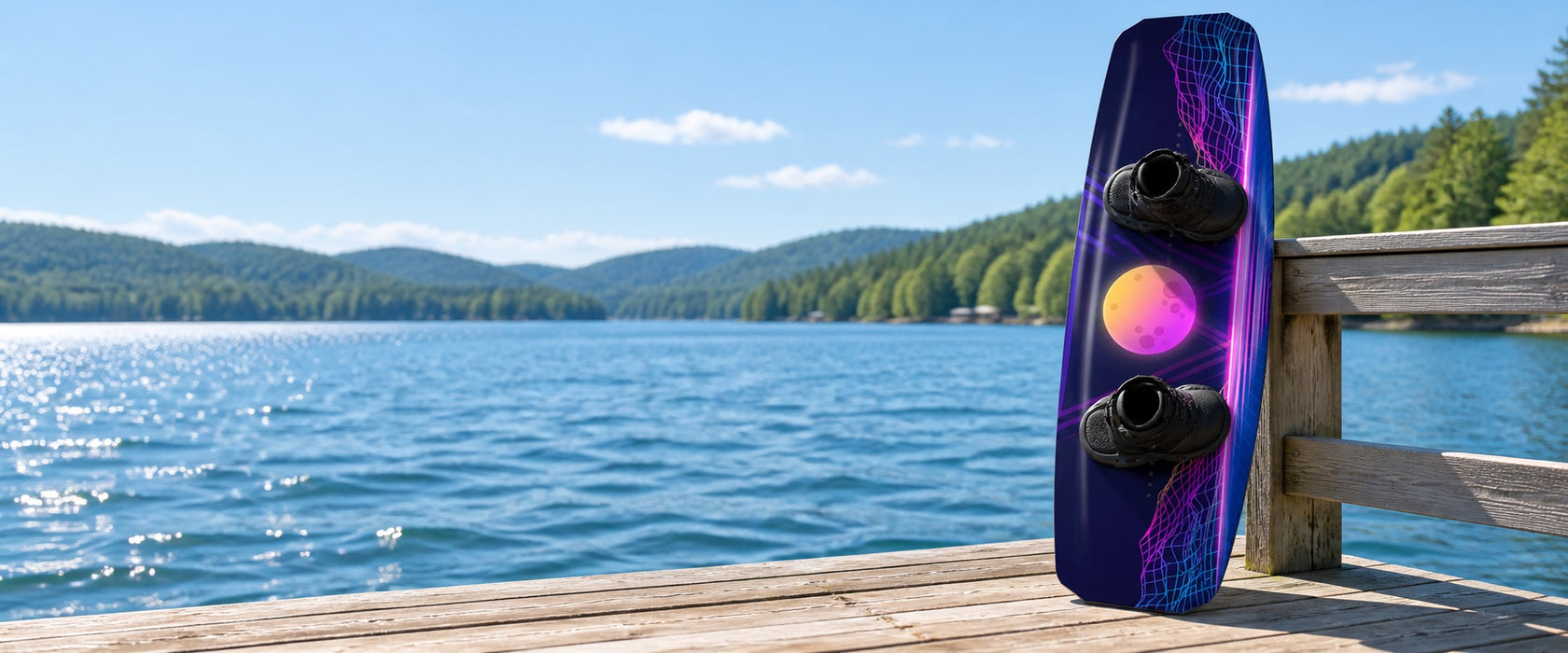 Designvisualisierung: Wakeboard mit violett-blauer Retro-Folierung am See