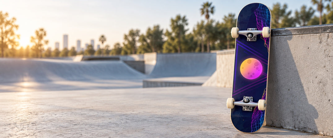 Designvisualisierung: Skateboard mit violett-orangefarbener Retro-Folie auf der Unterseite im Skatepark